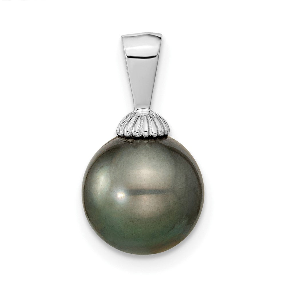 14k White Gold 9-10mm Black Round Tahitian Saltwater Cultured Pearl Pendant, 17.2 x 9.5 mm