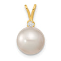 14k 9-10mm White Round South Sea Saltwater Cultured Pearl and .05 Carat Diamond Pendant, 0.05 ct, 9.5 mm