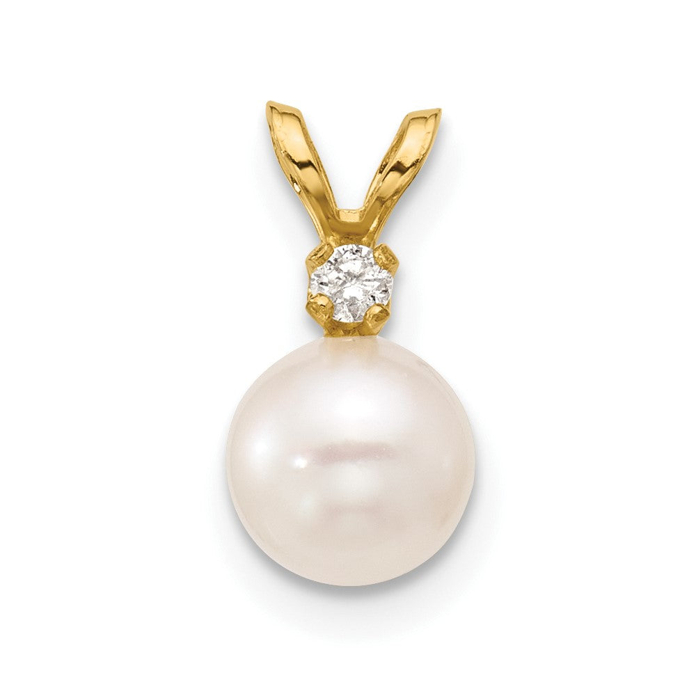 14k 6-7mm White Round Akoya Saltwater Cultured Pearl and .03 Carat Diamond Pendant, 0.03 ct, 13.3 mm