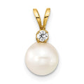 14k 7-8mm White Round Akoya Saltwater Cultured Pearl and 1/20 Carat Diamond Pendant, 0.05 ct, 14.25 mm