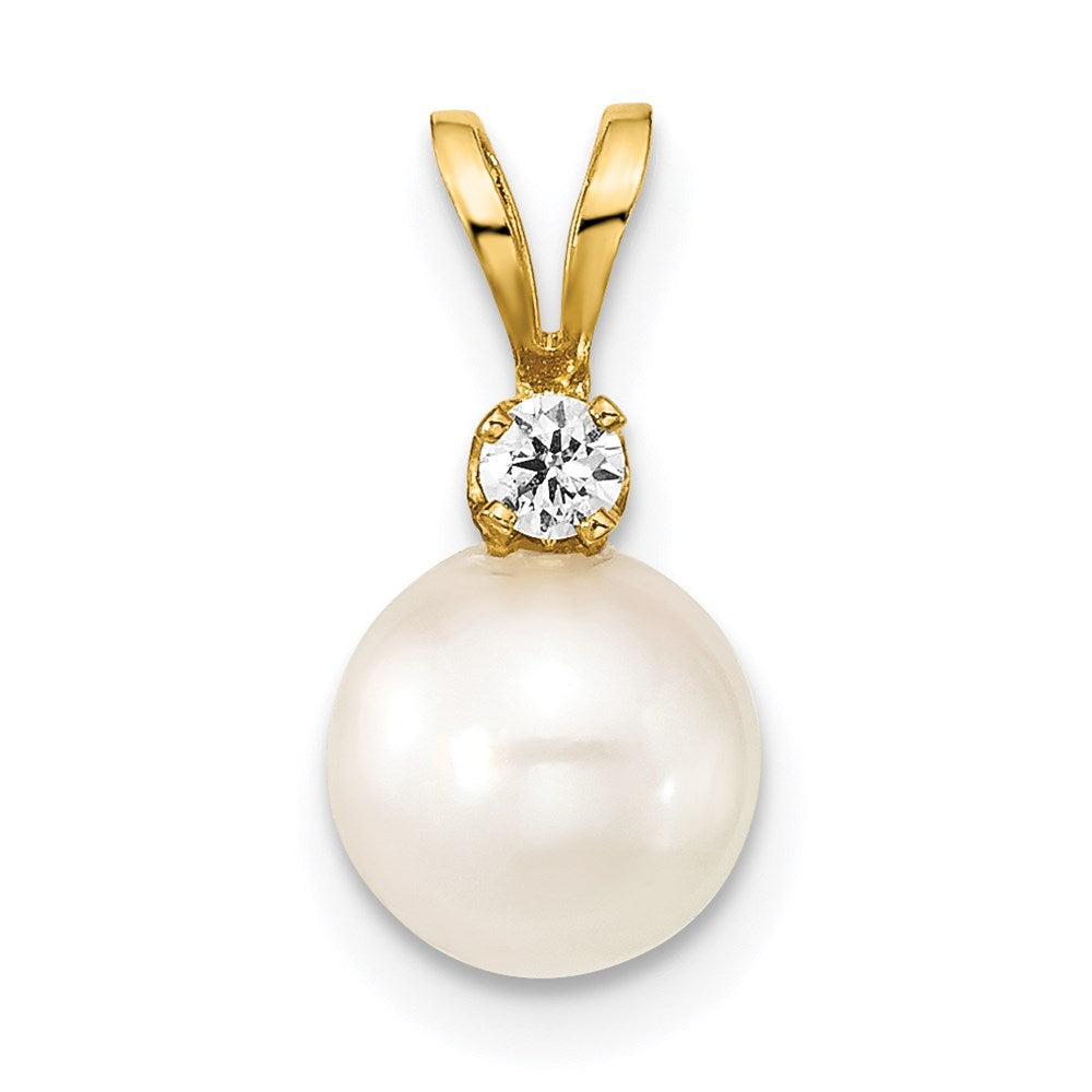 14k 7-8mm White Round Akoya Saltwater Cultured Pearl and 1/20 Carat Diamond Pendant, 0.05 ct, 14.25 mm