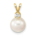 14k 8-9mm White Round Akoya Saltwater Cultured Pearl and 1/10 Carat Diamond Pendant, 0.1 ct, 17 mm