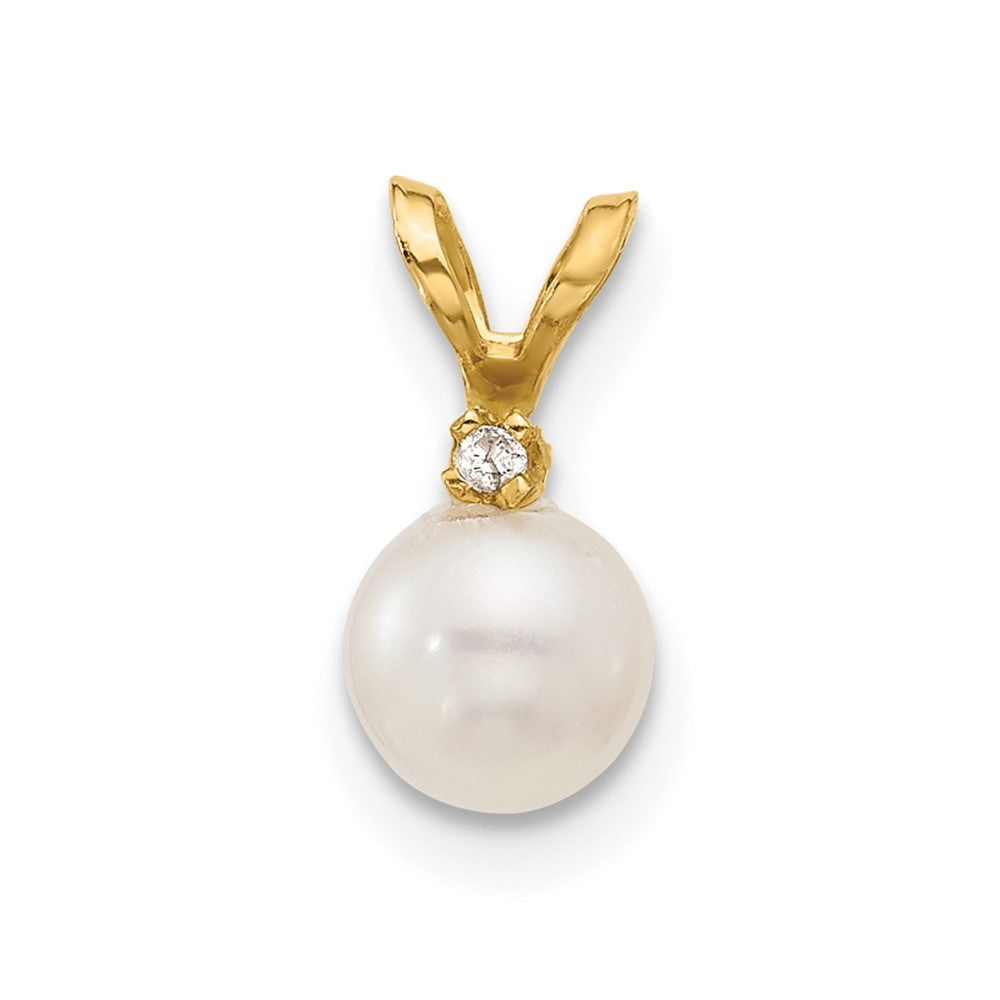 14k 5-6mm White Round Freshwater Cultured Pearl and .01 Carat Diamond Pendant, 0.01 ct, 12 mm