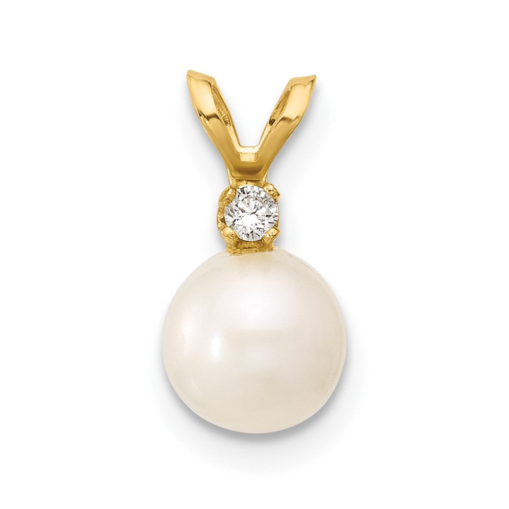 14k 6-7mm White Round Freshwater Cultured Pearl and .03 Carat Diamond Pendant, 0.03 ct, 14 mm