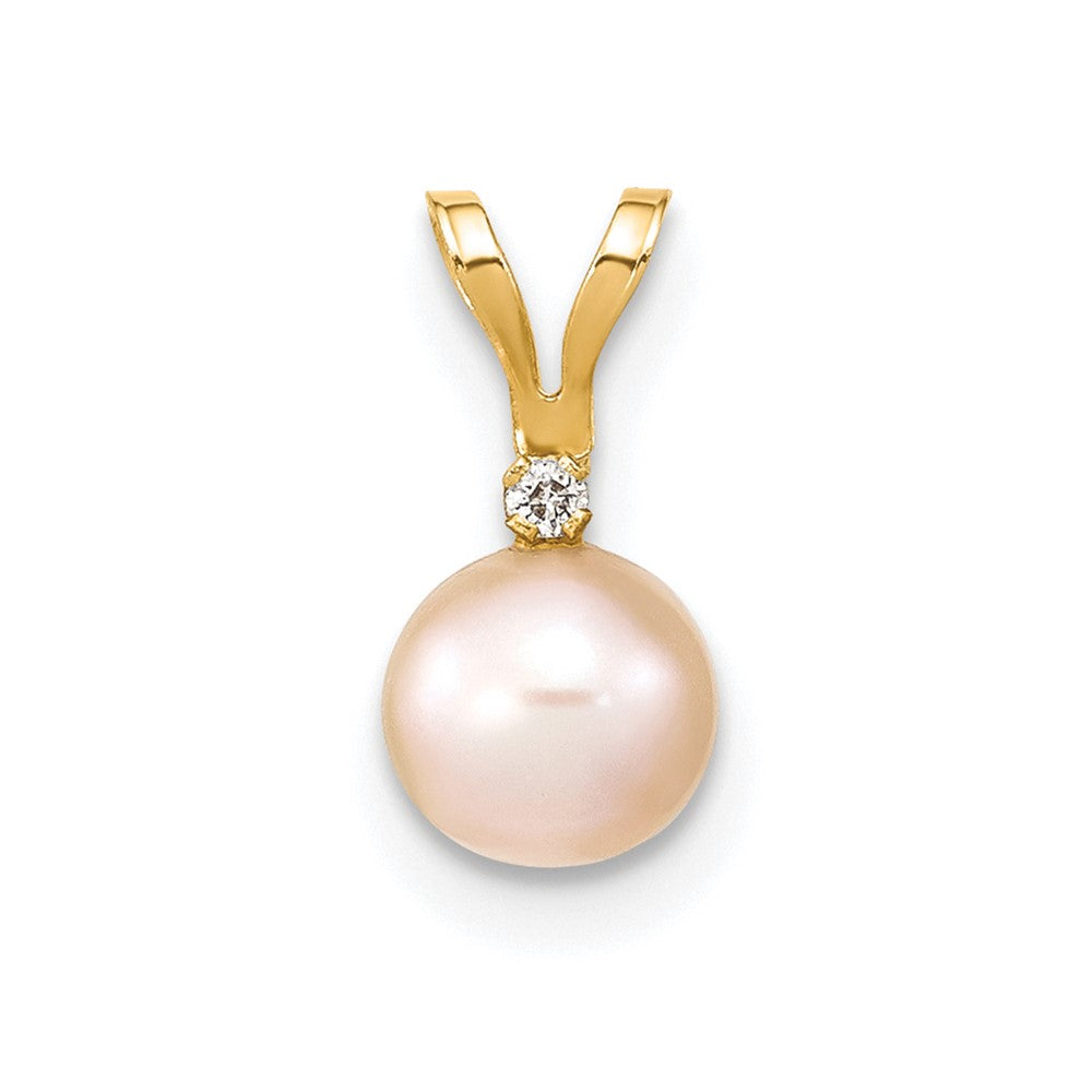14k 5-6mm Pink Round Freshwater Cultured Pearl and .01 Carat Diamond Pendant, 0.01 ct, 12 mm