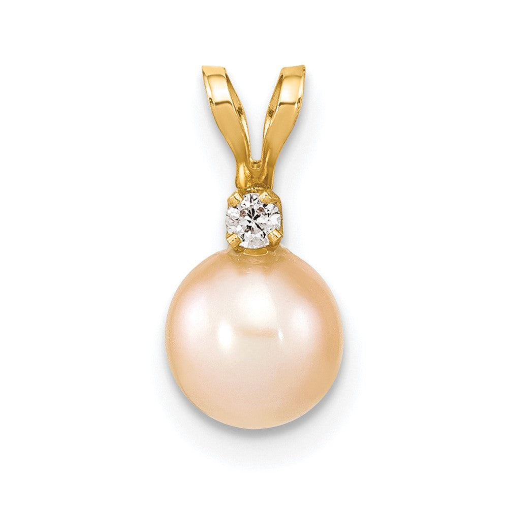 14k 6-7mm Pink Round Freshwater Cultured Pearl and .03 Carat Diamond Pendant, 0.03 ct, 14 mm