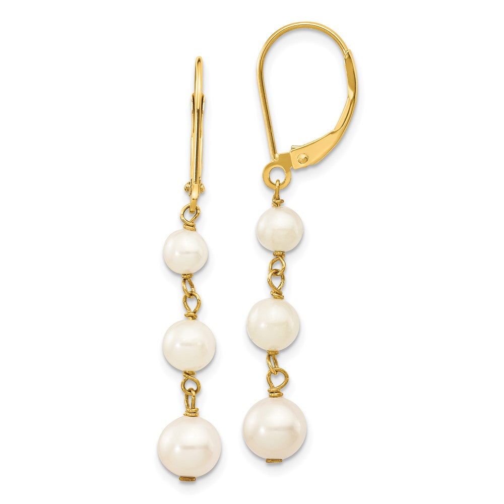 14k 4-6mm White Semi-round Freshwater Cultured Pearl Dangle Leverback Earrings, 40 mm