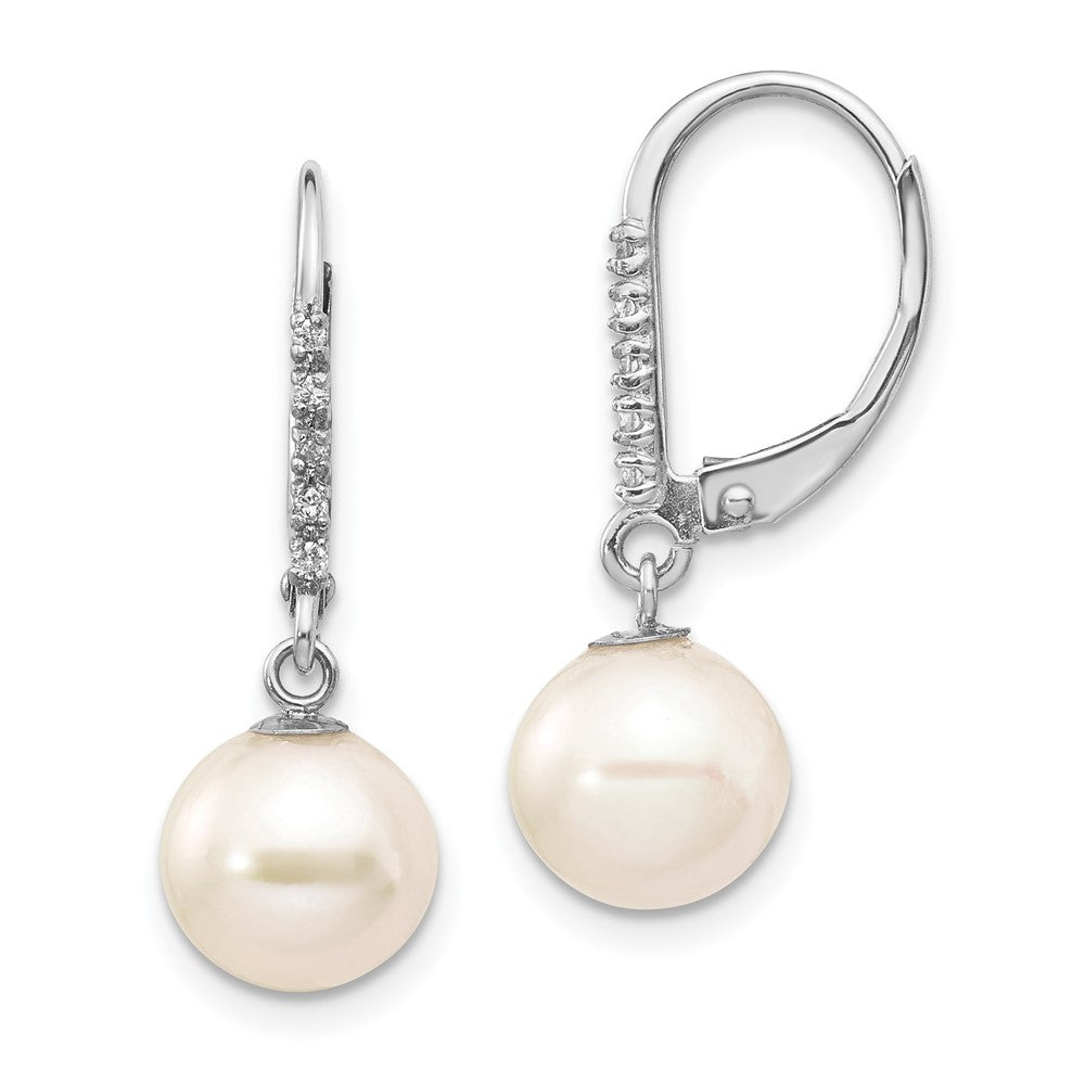 14k White Gold 8-9mm White Round Freshwater Cultured Pearl and .05 Carat Diamond Dangle Leverback Earrings, 0.05 ct, 26 mm