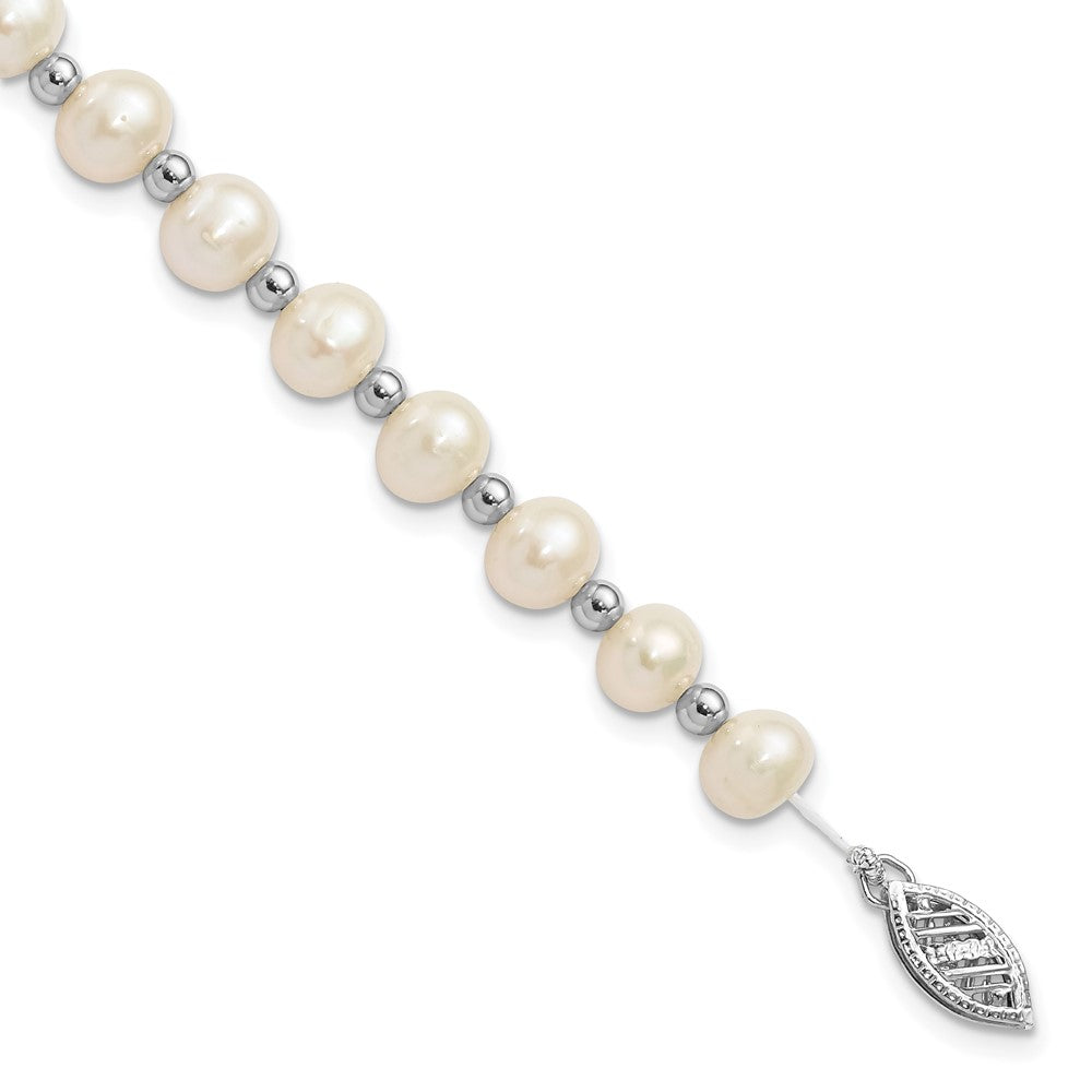 14k White Gold 6-7mm White Near-Round Freshwater Cultured Pearl Beaded 7 inch Bracelet, 7 mm