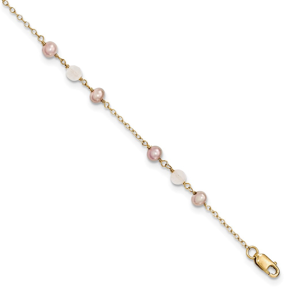 14k FW Cultured Pearl & Rose Quartz w/Cable Chain 1 IN EXT, 5.5 mm