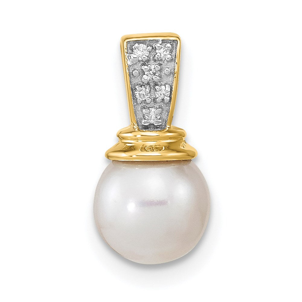 14k 6-7mm Button White Freshwater Cultured Pearl and Diamond Pendant, 0.019 ct, 13.85 x 6.48 mm