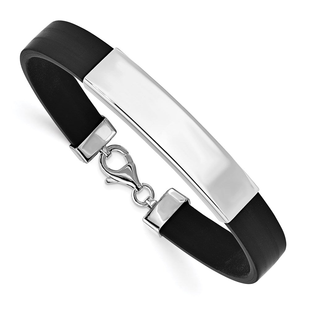 Sterling Silver Rhodium-plated ID Black Rubber Bracelet, 8 x 11 mm