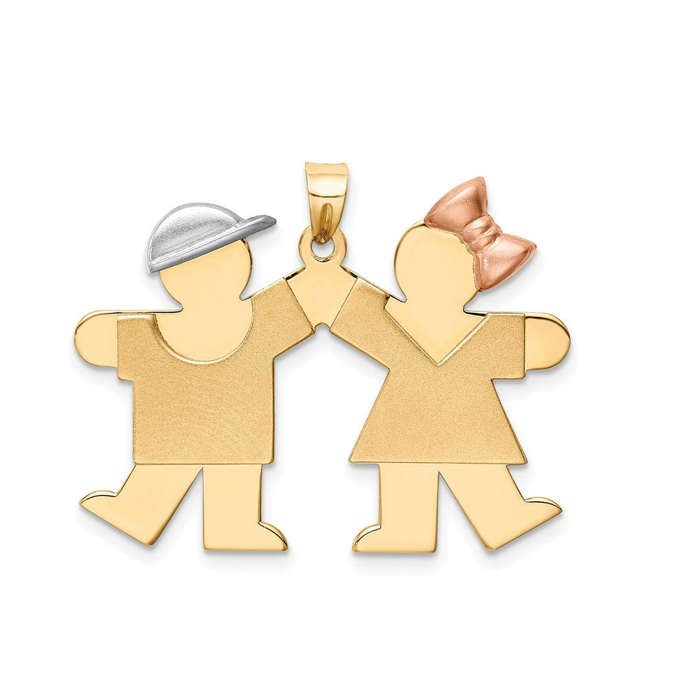 14k Tri-color The Kids Medium Boy on Left and Girl on Right Engravable Kiss Charm, 31 x 33 mm