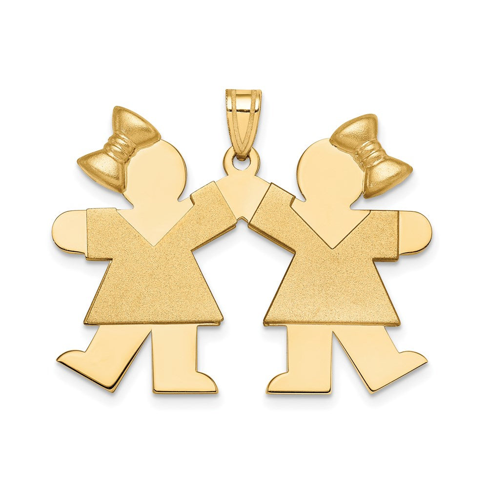 14k The Kids Solid Engravable Medium Double Girls with Bows Kiss Charm, 26 x 33 mm