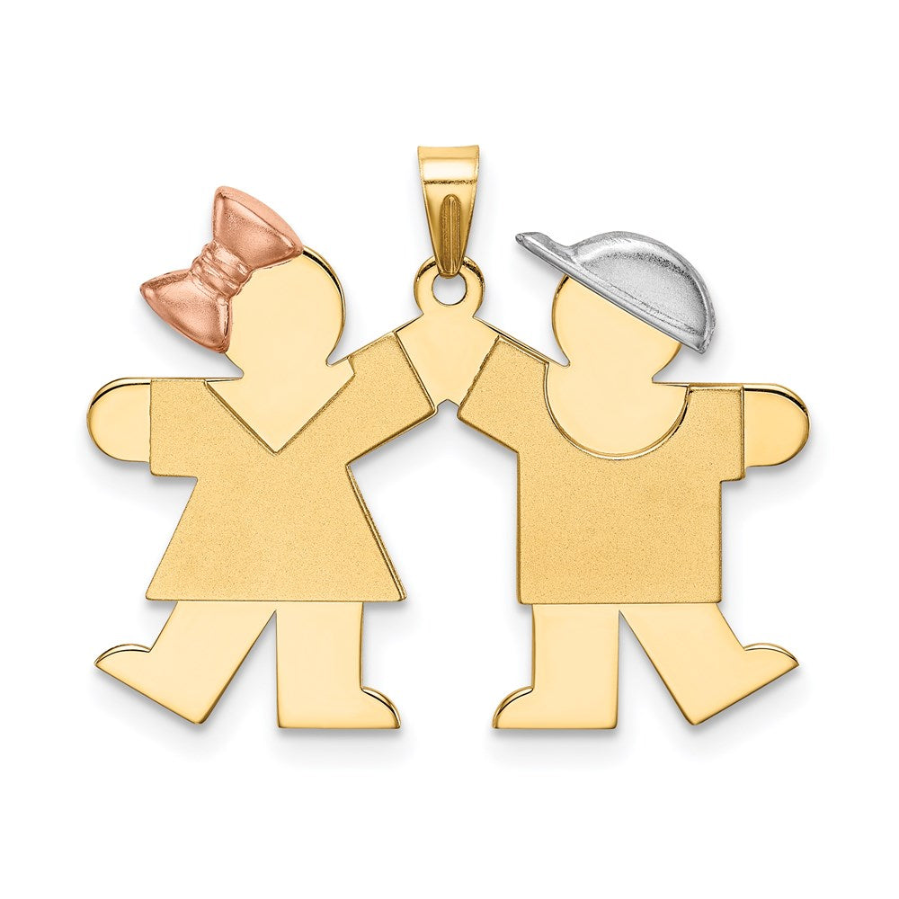 14k Tri-color The Kids Small Girl on Left and Boy on Right Engravable Kiss Charm, 22 x 25 mm