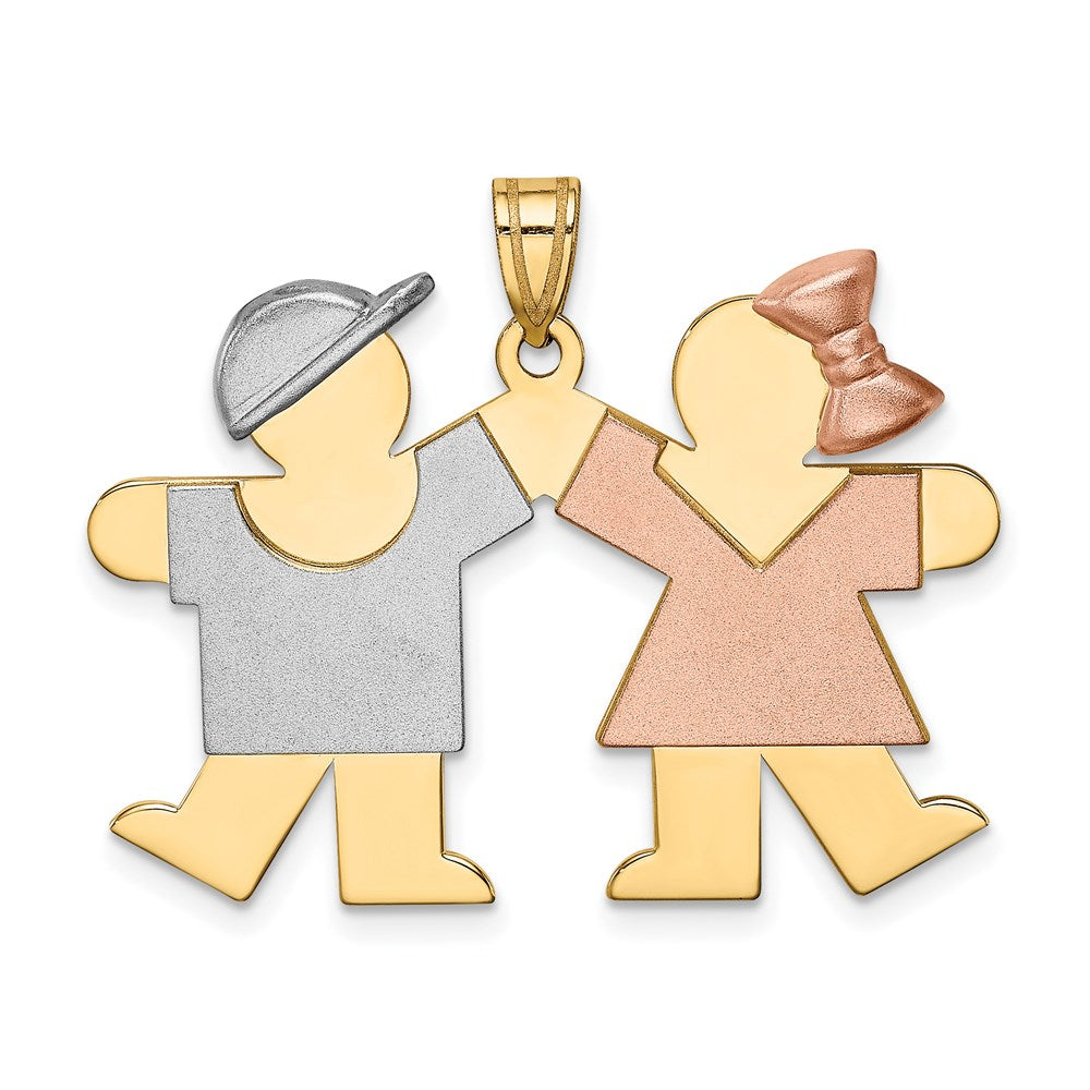 14k Tri-color The Kids Medium Boy on Left and Girl on Right Engravable Kiss Charm, 25 x 35 mm