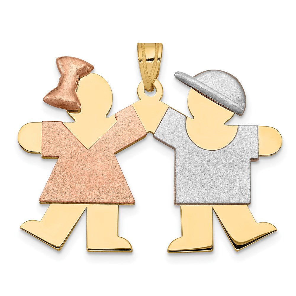 14k Tri-color The Kids Medium Girl on Left and Boy on Right Engravable Kiss Charm, 25 x 33 mm