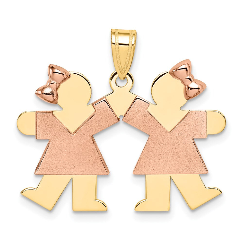 14k Two-tone The Kids Small Double Girls Engravable Kiss Charm, 21 x 25 mm