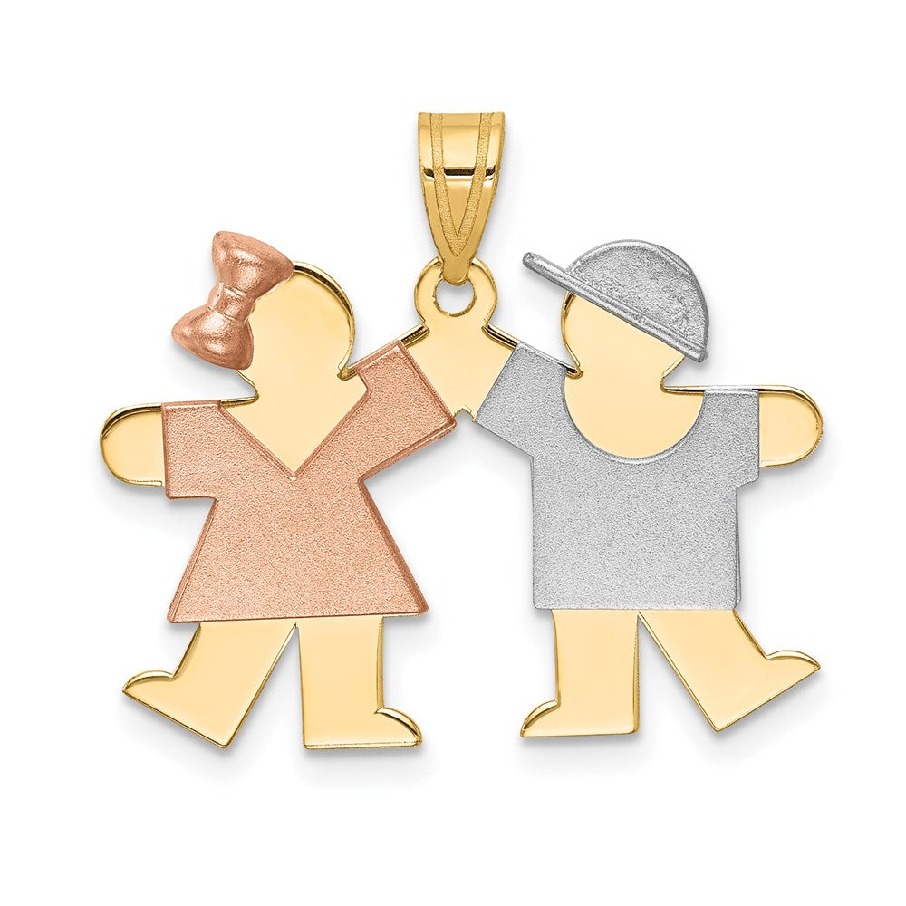 14k Tri-color The Kids Small Girl on Left and Boy on Right Engravable Kiss Charm, 21 x 25 mm