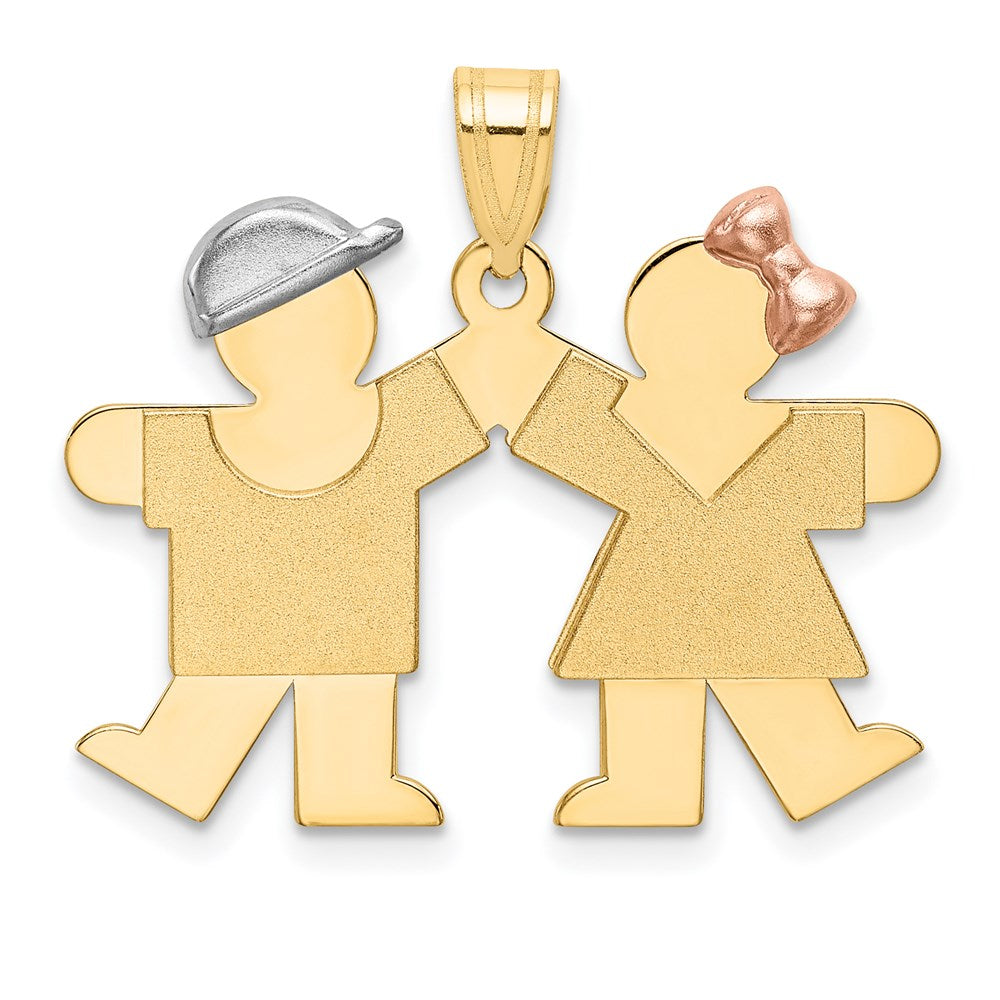 14k Tri-color The Kids Small Boy on Left and Girl on Right Engravable Kiss Charm, 22 x 25 mm, 2.77 g