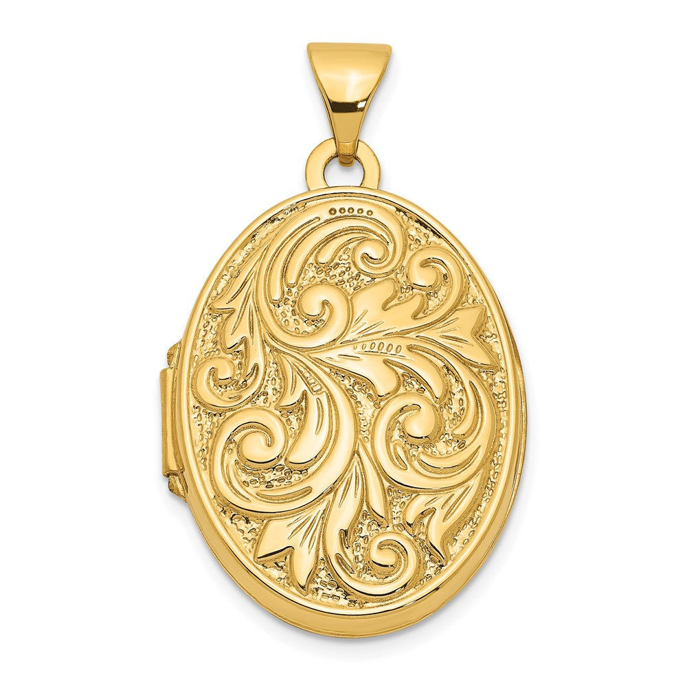 14k Polished Leaf Swirl Design with LOVE YOU ALWAYS on Reverse 21mm Oval Locket, 28.25 x 17 mm