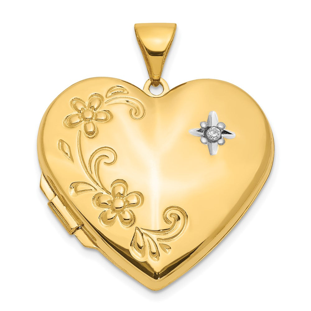 14k Diamond Floral  21mm Heart Family Locket Holds 4 Photos, 0.01 ct, 25.2 x 21.65 mm