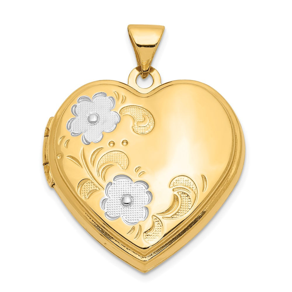 14k with White Rhodium Floral 21mm Heart Locket, 27.6 x 21.6 mm