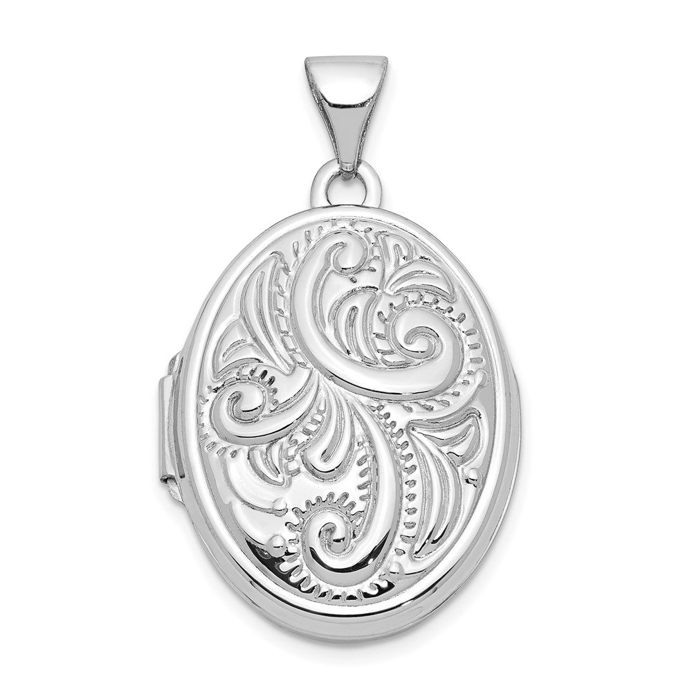 14k White Gold Scroll Design Domed 21mm Oval Locket, 28 x 17.1 mm