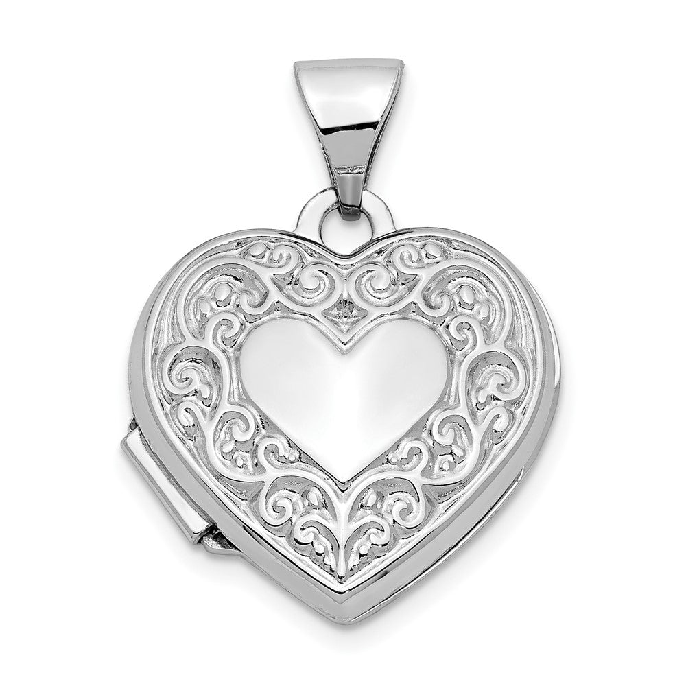14k White Gold Polished Scrolled 15mm Heart Locket, 21 x 15.5 mm