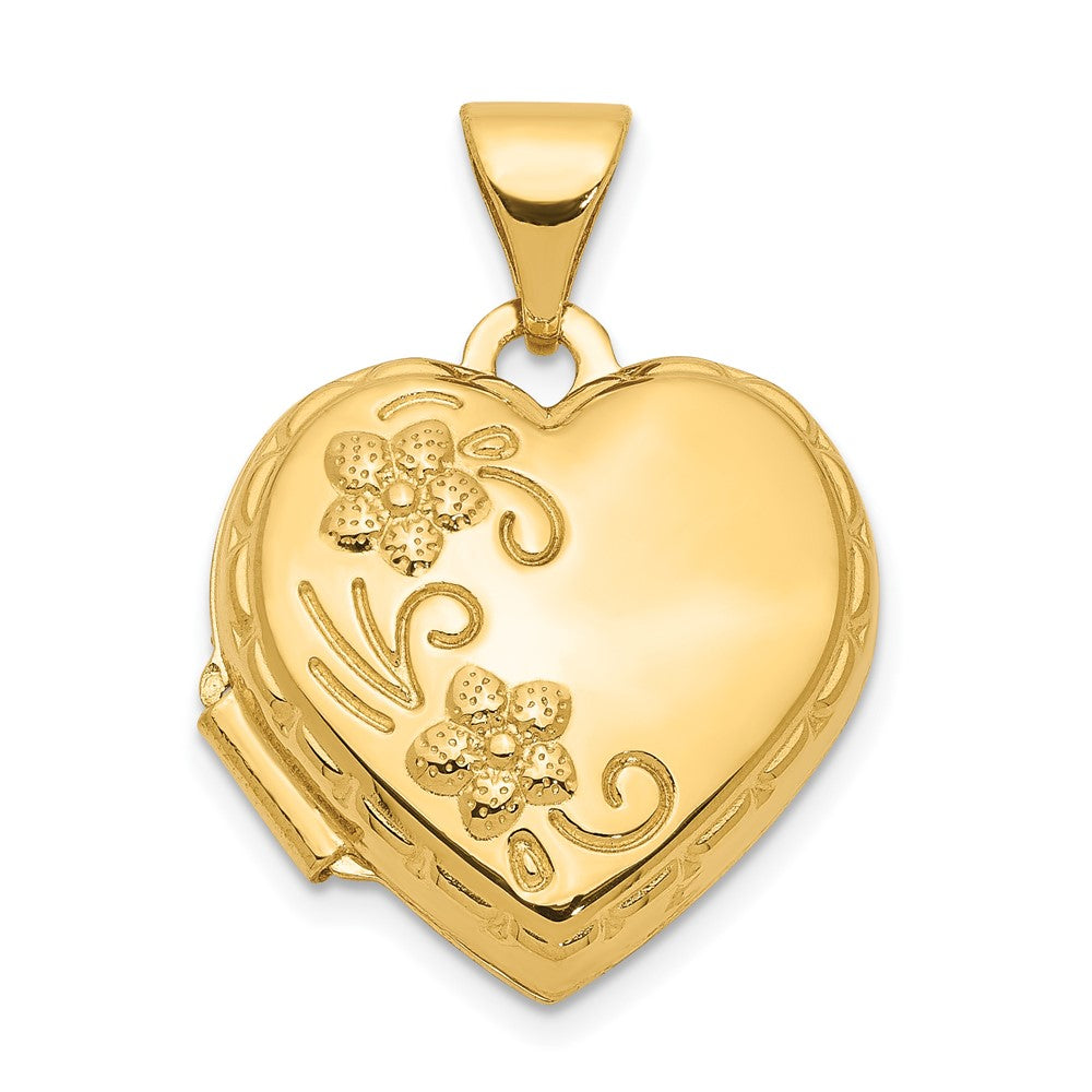 14k Polished Floral Reverses to LOVE YOU ALWAYS Script 15mm Heart Locket, 21 x 15.4 mm