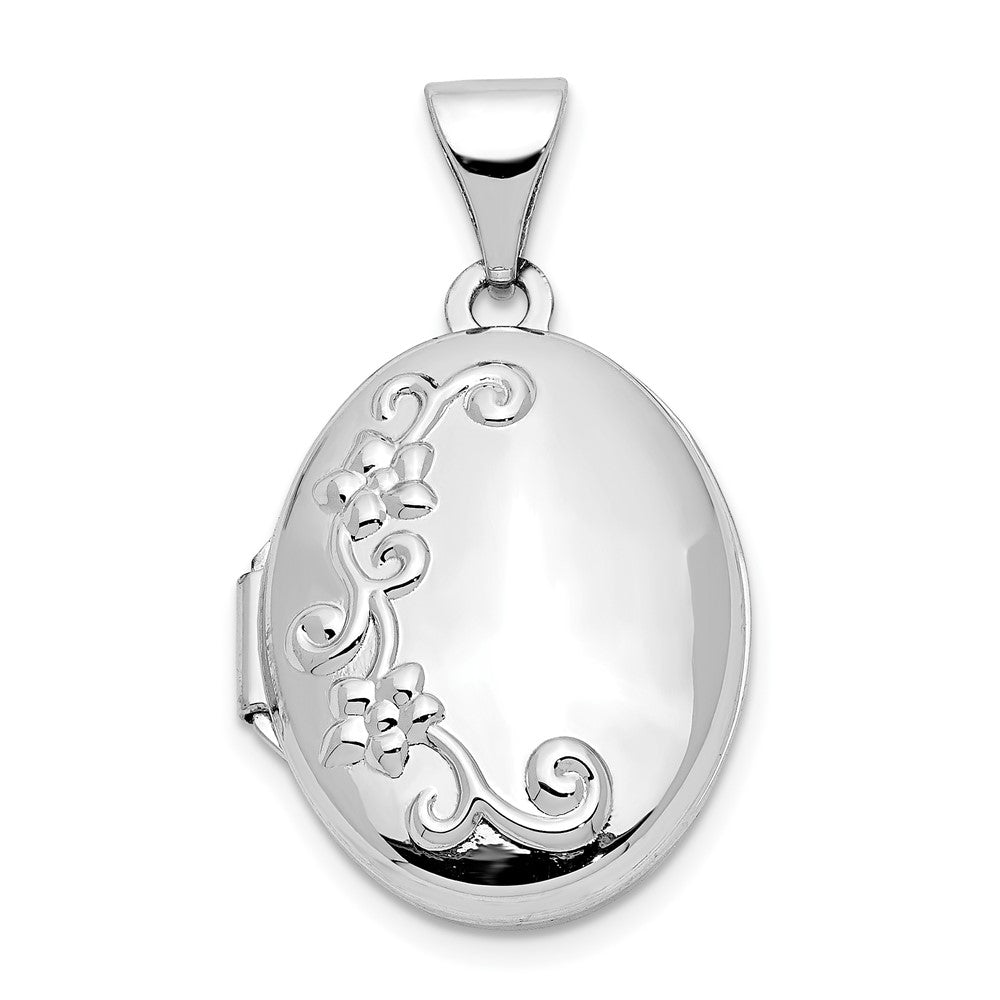 14k White Gold Floral 17mm Oval Locket, 24 x 14 mm