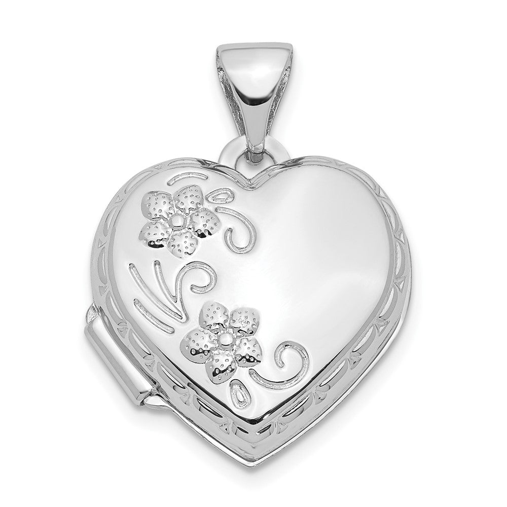 14k White Gold Polished Floral Reverses to LOVE YOU ALWAYS Script 15mm Heart Locket, 21.15 x 15.6 mm