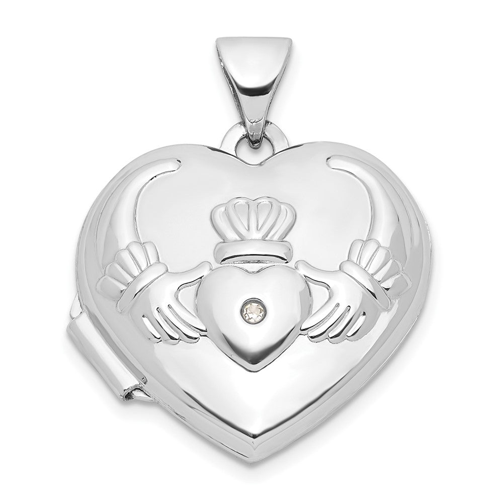 14k White Gold Diamond Claddagh with Poem on Reverse 18mm Heart Locket, 0.005 ct, 24 x 18.8 mm