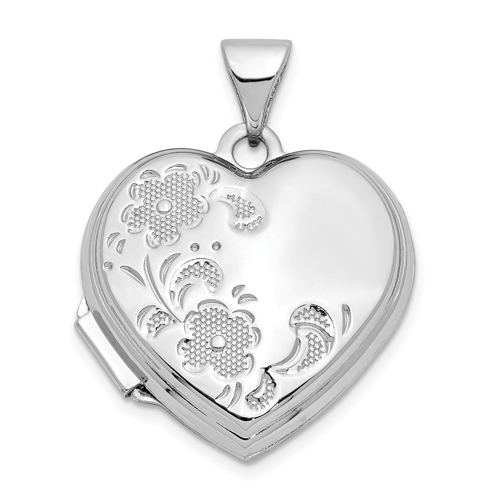 14K White Gold Polished Floral 18mm Heart Locket, 23.8 x 18.5 mm