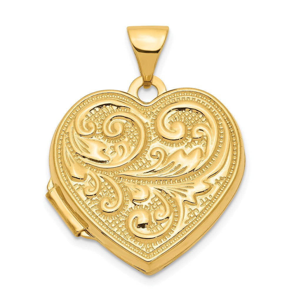 14k Scrolled Design Reverses to LOVE YOU ALWAYS Script 18mm Heart Locket, 24 x 18.75 mm