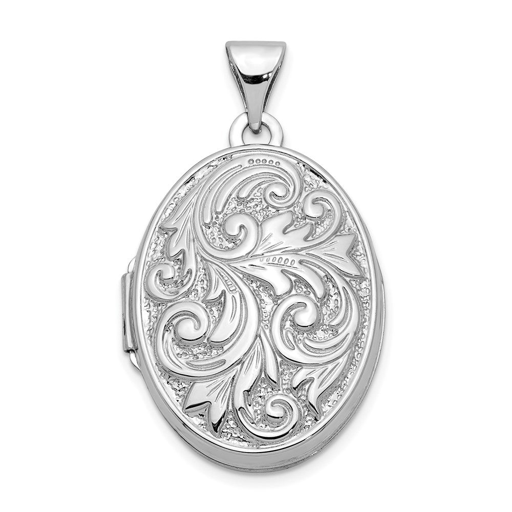 14k White Gold Polished Leaf Swirl Design with LOVE YOU ALWAYS on Reverse 21mm Oval Locket, 28.15 x 16.9 mm