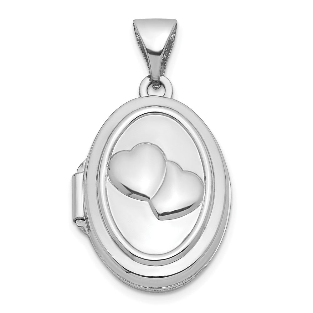14k White Gold 17mm Double Hearts Oval Locket, 23.5 x 14 mm