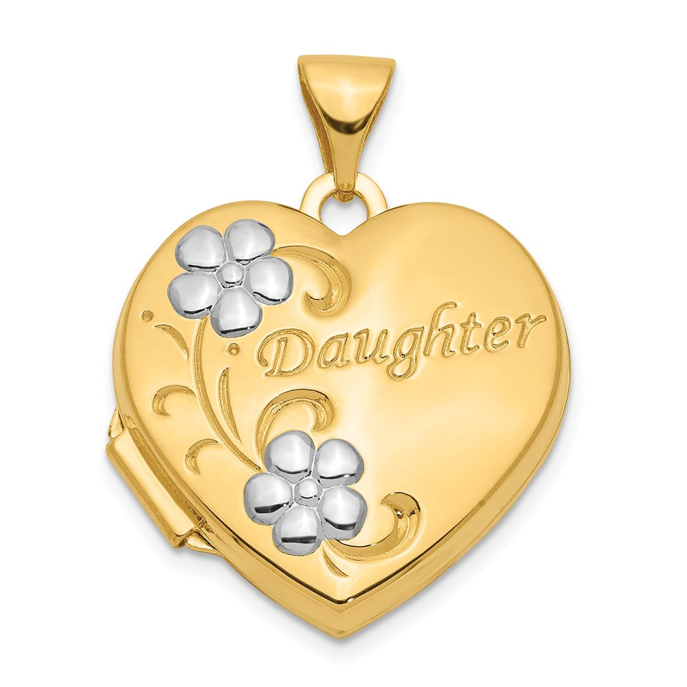 14k with White Rhodium DAUGHTER Script Floral 18mm Heart Locket, 23 x 19 mm
