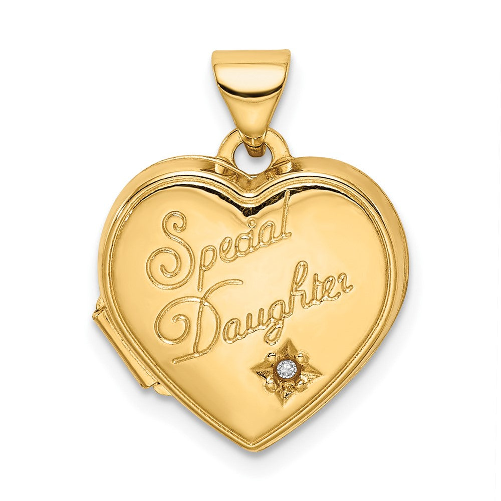 14K Diamond SPECIAL DAUGHTER Script 15mm Heart Locket, 0.01 ct, 21 x 15.7 mm