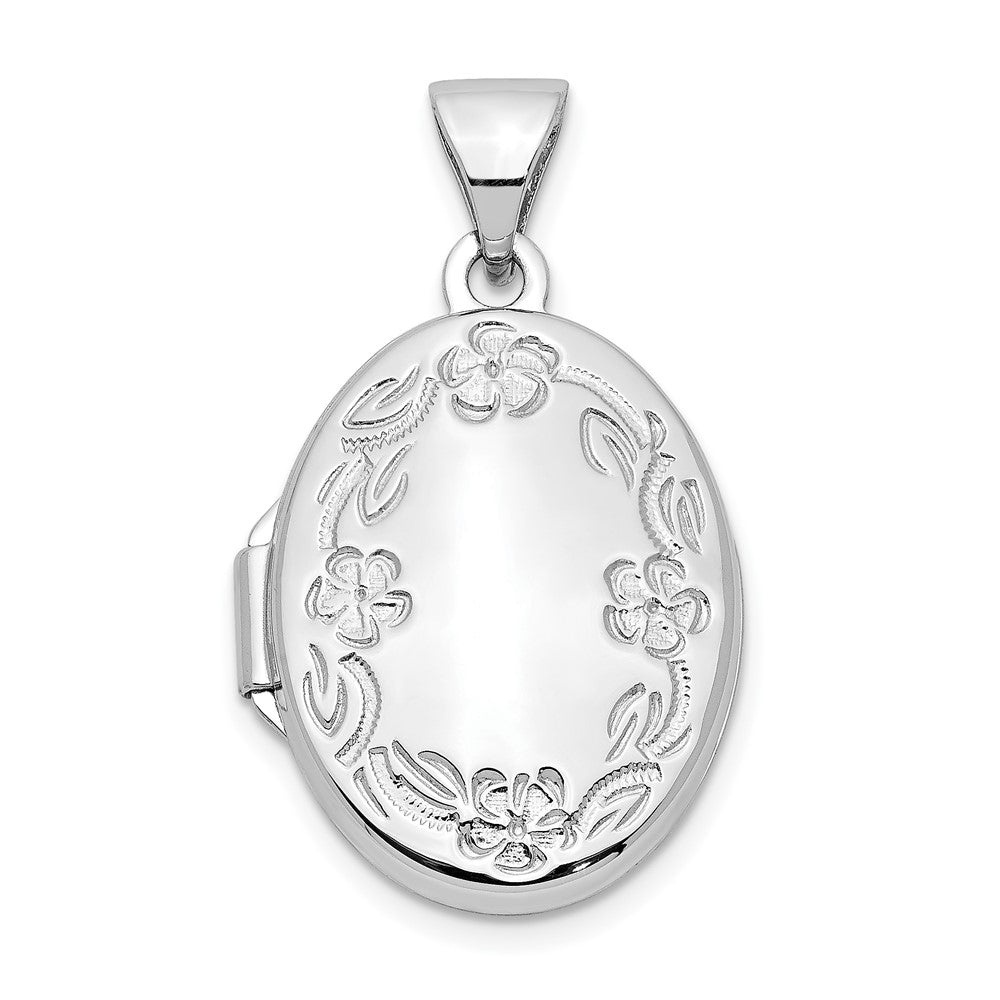 14k White Gold Floral Border 17mm Oval Locket, 24 x 14.1 mm