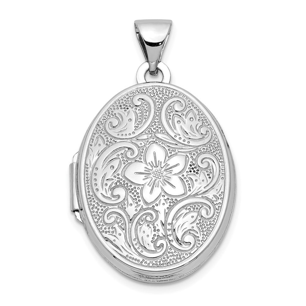 14k White Gold Floral Swirl Design 21mm Oval Locket, 28.1 x 17 mm