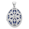 14K White Gold Diamond Vintage Filigree with Blue Fabric Interior 21mm Oval Locket, 0.005 ct, 28 x 17.05 mm
