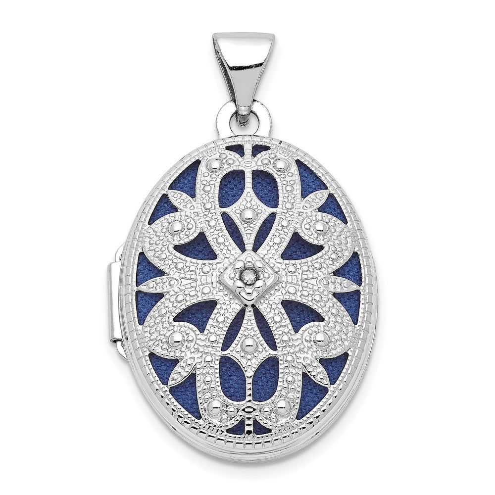14K White Gold Diamond Vintage Filigree with Blue Fabric Interior 21mm Oval Locket, 0.005 ct, 28 x 17.05 mm