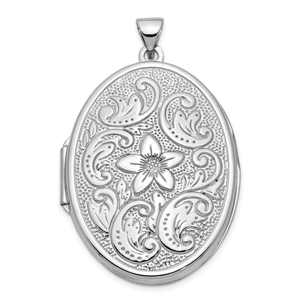 14k White Gold Reversible Floral Swirl Design 32mm Oval Locket, 38.5 x 24.85 mm