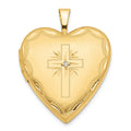 14k Diamond Satin and Diamond-cut Cross 20mm Heart Locket, 0.01 ct, 24.85 x 19.7 mm