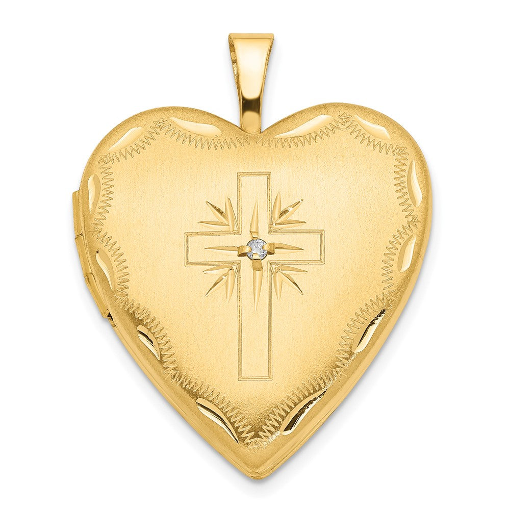 14k Diamond Satin and Diamond-cut Cross 20mm Heart Locket, 0.01 ct, 24.85 x 19.7 mm
