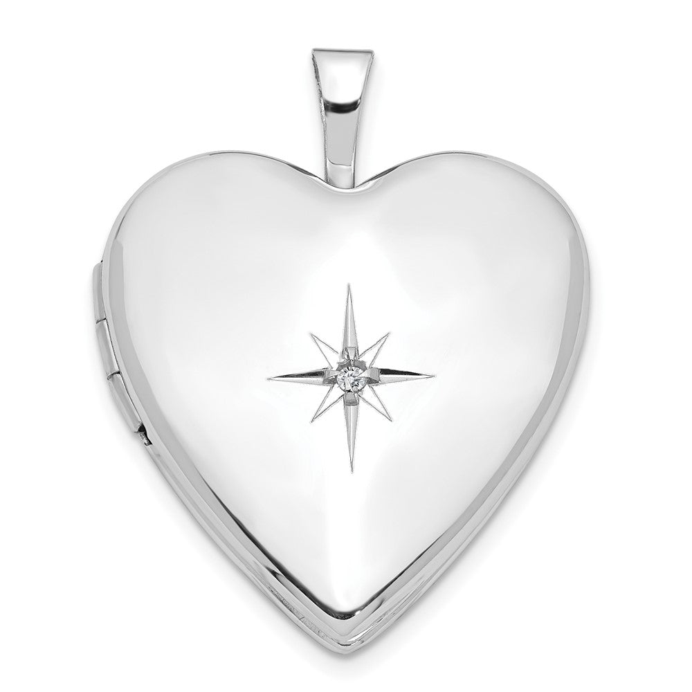 14K White Gold Diamond Star 20mm Heart Locket, 0.01 ct, 25 x 20 mm