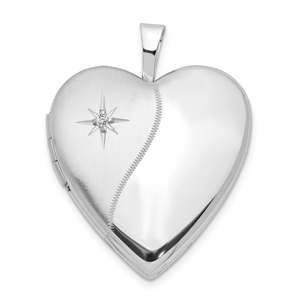14K White Gold Polished and Satin Diamond Star 20mm Heart Locket, 0.01 ct, 25 x 20 mm