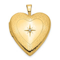 14K Diamond Star with Side Swirl Edge 20mm Heart Locket, 0.01 ct, 25 x 20 mm