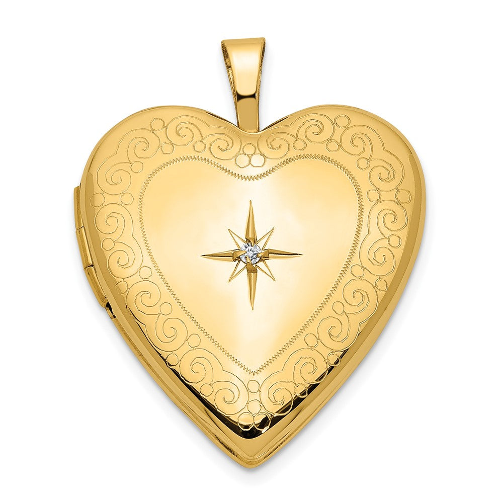 14K Diamond Star with Side Swirl Edge 20mm Heart Locket, 0.01 ct, 25 x 20 mm